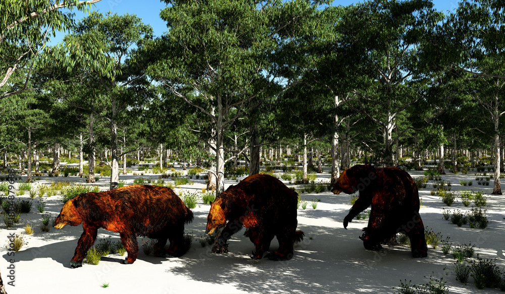 Fototapeta premium Megatherium Afternoon - Megatherium was a herbivorous Giant Ground Sloth that lived in Central and South America during the Pliocene and Pleistocene Periods.