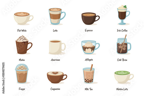 Cartoon Coffee Drinks, Vector Illustration. Flat White, Latte, Espresso, Irish Coffee, Mocha, Americano, Affogato, Cold Brew, Frappe, Cappuccino, Milk Tea and Matcha Latte, Cafe Icons. Coffee Mugs