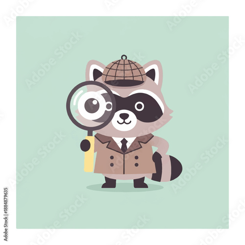 Cartoon Raccoon Detective with Magnifying Glass.
