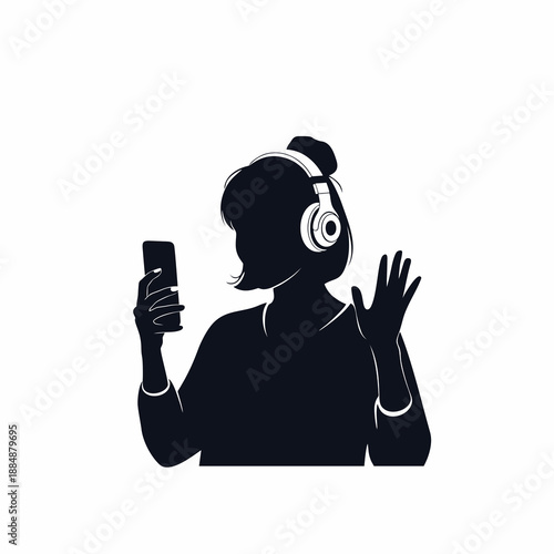 Silhouette of Young Woman Using Smartphone and Wearing Headphones Illustration