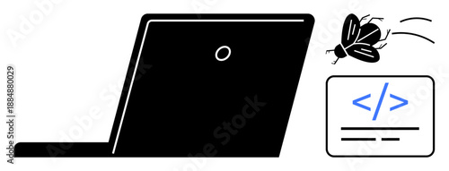 Software development, debugging, code issues, programming, bug identification, tech troubleshooting. A laptop with a bug and code snippet. s debugging and code issue resolution