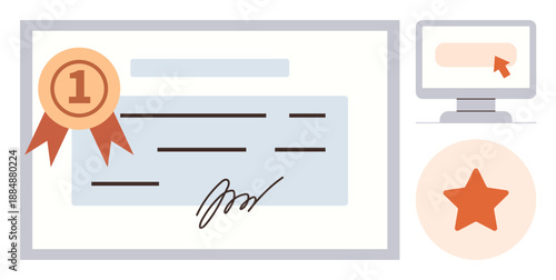 Certification, digital learning, professional achievement, online courses, accreditation, skills development. A certificate with a ribbon badge, star and PC icon. Certification and online learning