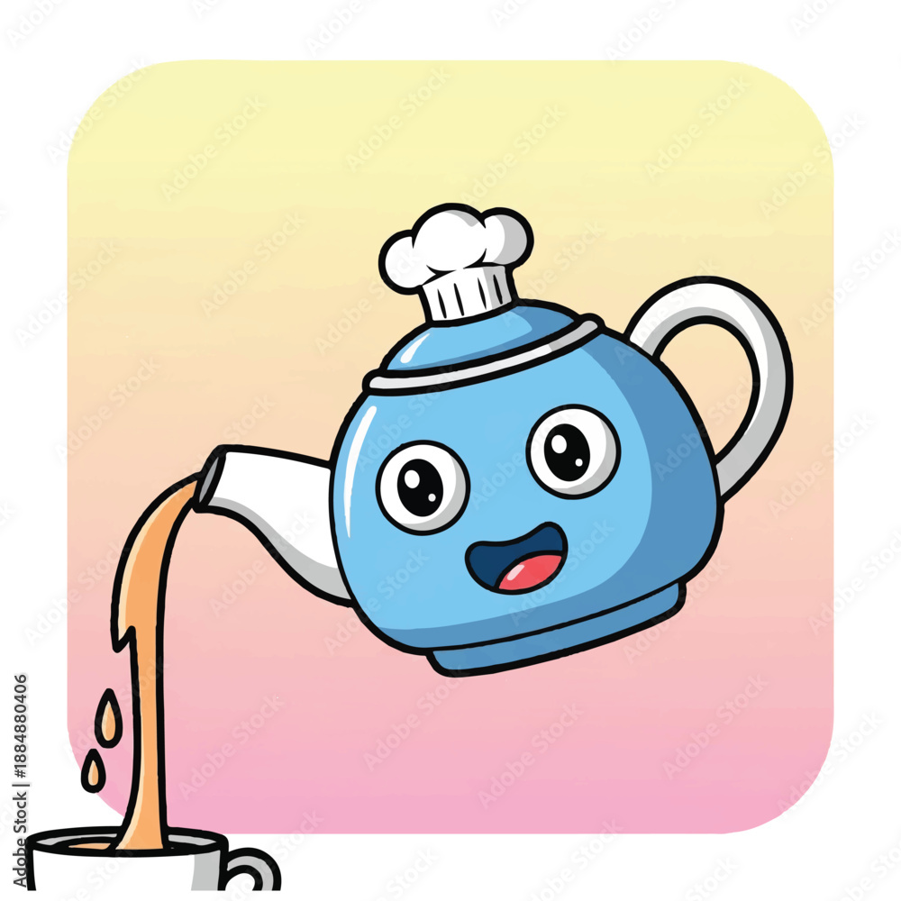 Fototapeta premium Cartoon Teapot Pouring Liquid with Chef Hat.