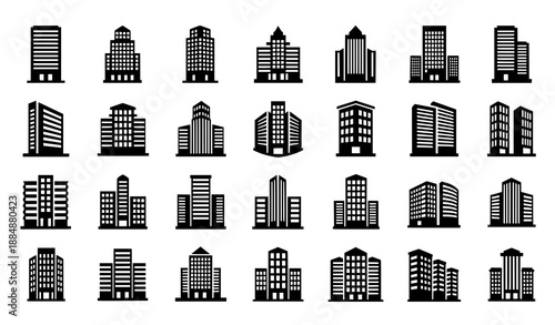City building skyline silhouette vector icon set
