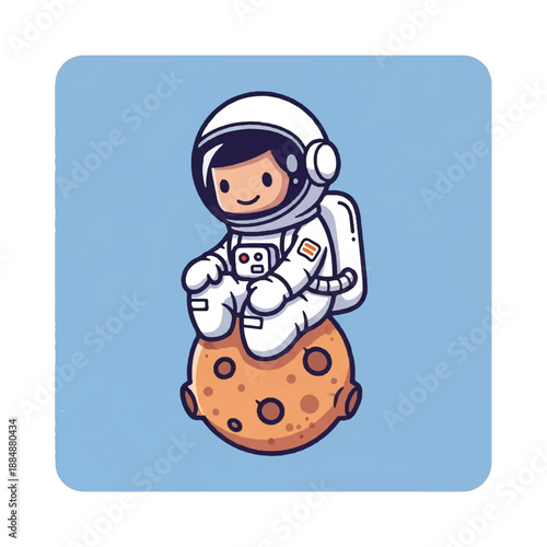 Cartoon Astronaut Sitting on Moon Surface.