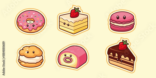 Kawaii Cute Desserts and Pastries Vector Stickers Collection. Cartoon Sweet Food Icons Set including Donut, Cake, Macaron, and Swiss Roll.