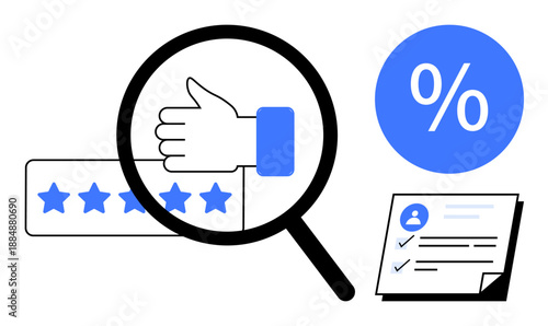 Magnifying glass over thumbs-up, star ratings, document, and percentage sign. Ideal for feedback systems, reviews, e-commerce, survey analysis KPIs customer loyalty marketing insights. Simple flat