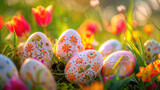 traditional decoration of colorful painted easter eggs on wooden background in natural green spring field.	