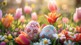 traditional decoration of colorful painted easter eggs on wooden background in natural green spring field.	