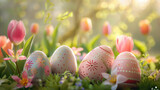 traditional decoration of colorful painted easter eggs on wooden background in natural green spring field.	