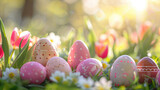 traditional decoration of colorful painted easter eggs on wooden background in natural green spring field.	
