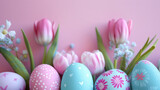 traditional colorful pastel easter eggs over vintage floor on easter celebration.