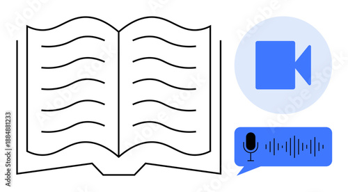 Online education, digital libraries, e-learning tools, multimedia resources, student engagement, knowledge sharing. Open book, video call icon and audio waveform illustration. Online education