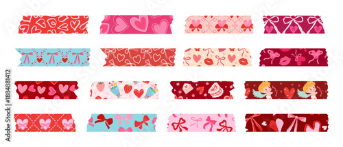 A set of decorative adhesive tapes with various images of hearts, bows, cupids, lips, and strawberries for Valentine's Day. Cute decorative tapes for crafts.