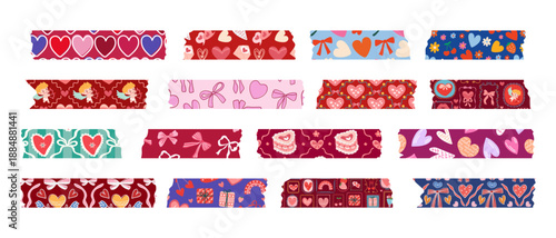 A set of adhesive paper tapes with various love-themed patterns. Decorative washi tape for Valentine's Day cards or scrapbooking.