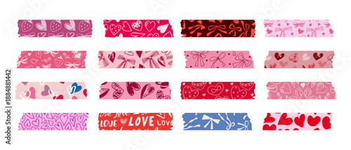 A collection of patterned pink and red decorative adhesive tapes for Valentine's Day. Love-themed decorative tapes for crafts and scrapbooking.