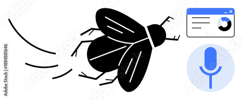 Pest control, data analysis, artificial intelligence, sound recognition, tech innovation, productivity tools. A black fly with motion lines near a microphone and chart icon. Pest control and sound