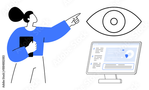 Data visualization, cybersecurity, analytics, monitoring, internet safety, user interactions. Woman pointing to an eye icon next to a computer screen displaying analytical data. Data visualization