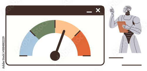 Productivity, analytics, AI technology, performance tracking, business efficiency, innovation. A speedometer gauge paired with a humanoid robot holding a clipboard. Productivity and analytics
