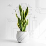 Elegant Snake Plant in Marble Pot Against Geometric Backdrop.