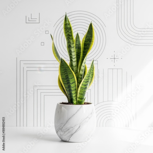 Elegant Snake Plant in Marble Pot Against Geometric Backdrop.