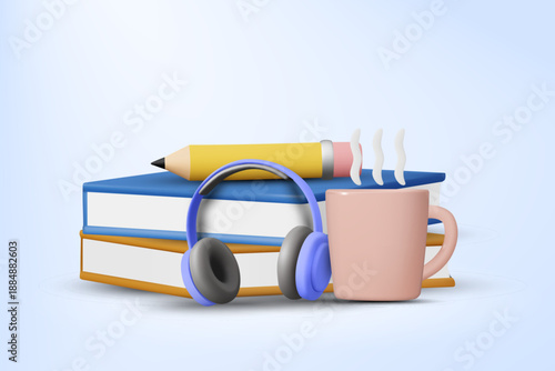 3D vector illustration of book stack with headphones, pencil and hot coffee cup. Concept for online education and audio learning study. Student relax background template.