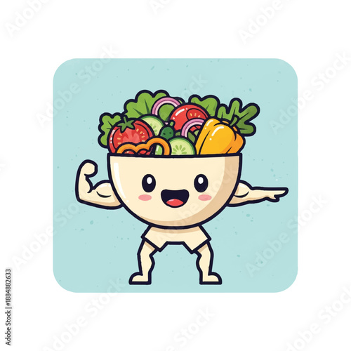 Cartoon Vegetable Bowl Character Flexing Muscles.