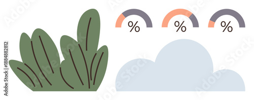 Environmental monitoring, climate change, sustainability, analytics, eco trends, data visualization. Abstract plant and cloud design with percentage charts. Environmental monitoring and climate