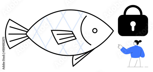 Cybersecurity, phishing prevention, online fraud, data protection, digital safety, email scams. A fish outline with a lock symbol and a woman pointing. Cybersecurity and phishing prevention concept