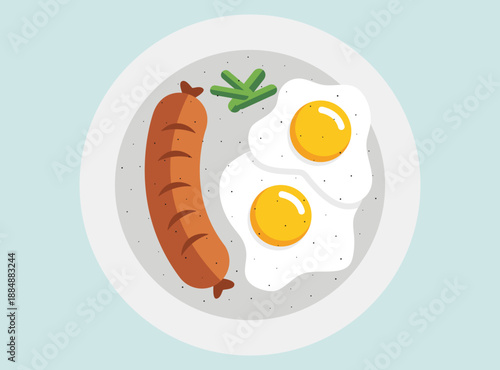 breakfast plate featuring a grilled sausage, two sunny side up fried eggs, and green garnish. Clean, modern food graphic for menu, nutrition