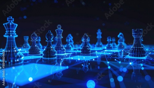 Digital Chess Game with Glowing Chessboard and Pieces