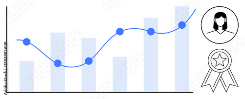 Business analytics, performance metrics, success, data analysis, achievement recognition, user identification. A bar graph and a line graph with profile and award icons. Business analytics