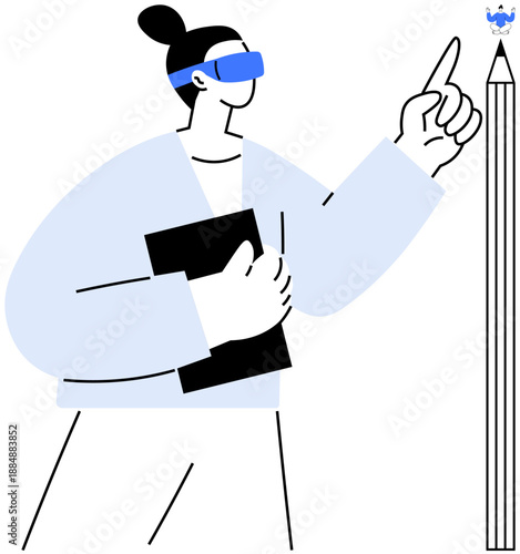 Artificial intelligence, augmented reality, innovation, digital interaction, education technology, virtual learning. Person wearing AR glasses pointing and holding a tablet. Augmented reality