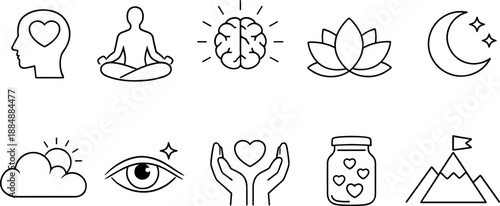 Set of black line icons representing mindfulness, meditation, and emotional balance including brain, heart, breathing lungs, lotus flower, moon, cloud, eye, yin yang, and seated pose. Minimalist outli