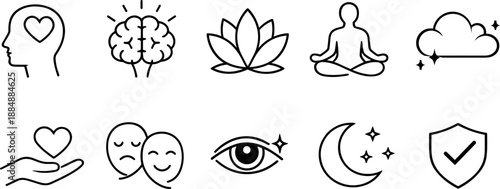 Set of black line icons representing mindfulness, meditation, and emotional balance including brain, heart, breathing lungs, lotus flower, moon, cloud, eye, yin yang, and seated pose. Minimalist outli