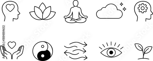 Set of black line icons representing mindfulness, meditation, and emotional balance including brain, heart, breathing lungs, lotus flower, moon, cloud, eye, yin yang, and seated pose. Minimalist outli