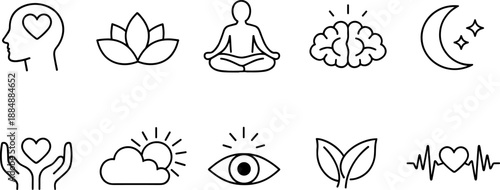 Set of black line icons representing mindfulness, meditation, and emotional balance including brain, heart, breathing lungs, lotus flower, moon, cloud, eye, yin yang, and seated pose. Minimalist outli
