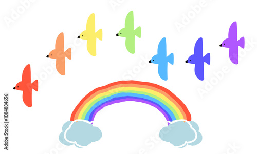手描きの虹とカラフルな鳥のイラストセット