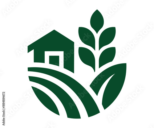 A green logo featuring a house and a plant growing in a field