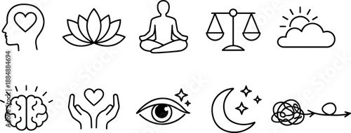 Set of black line icons representing mindfulness, meditation, and emotional balance including brain, heart, breathing lungs, lotus flower, moon, cloud, eye, yin yang, and seated pose. Minimalist outli