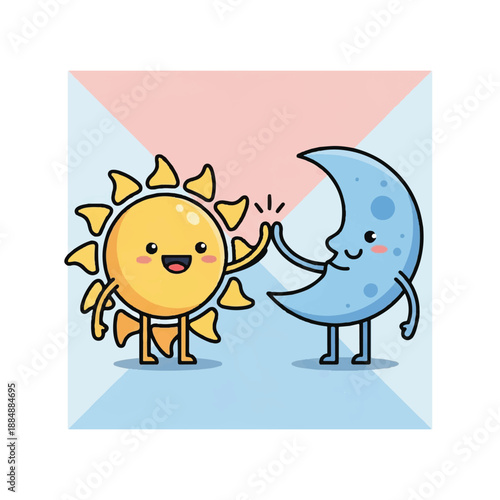 Cartoon Sun and Moon Fist Bumping.