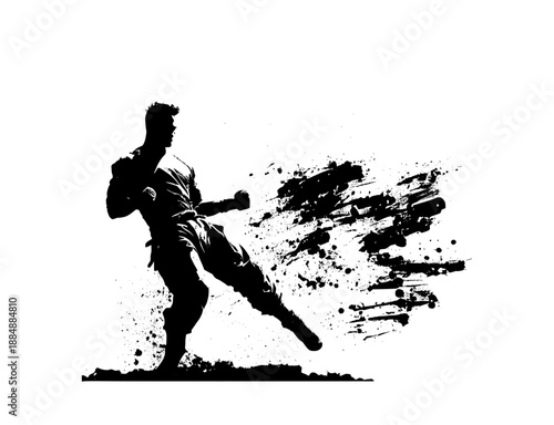 Dynamic Martial Arts Athlete Silhouette Performing a Power Kick with Splash Effect