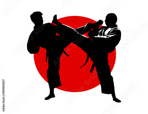 Martial Arts Silhouette with Red Sun Background Japanese Culture

