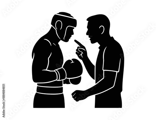 Boxing Coach Training and Giving Directions to Boxer Silhouette

