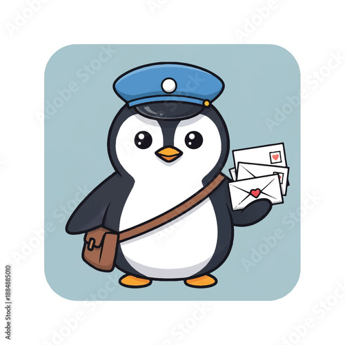 Cartoon Penguin Mail Carrier with Letters.