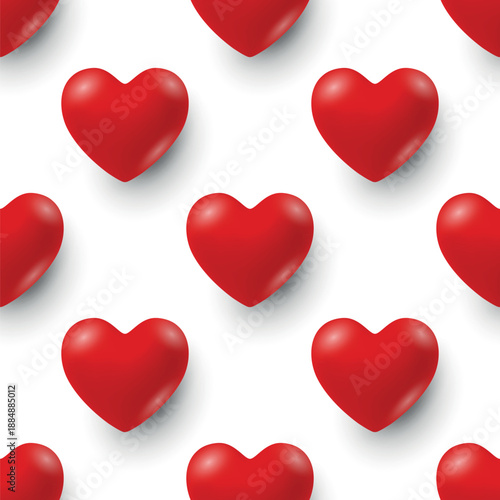 Vector 3d Red Heart on White Background, Seamless Pattern. Red Heart Love Background with Glossy Valentine Hearts. Romantic Holiday Texture for Valentine Day Design, Wedding Card, Gift Wrap