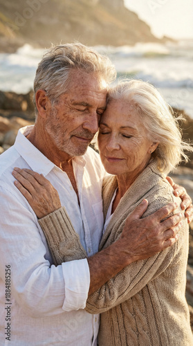 Devoted senior couple embracing with closed eyes on rocky ocean coast during sunset