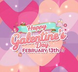 Happy Galentine's Day Greeting with Pink Hearts and Party Elements on February 13th
