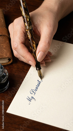 Author hand creative inking My dearest on clean page with leather journal and glass inkpot