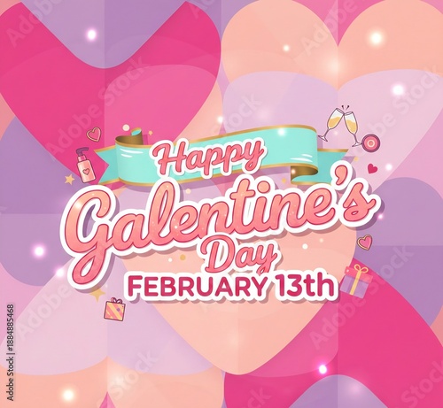 Happy Galentine's Day Greeting with Pink Hearts and Party Elements on February 13th